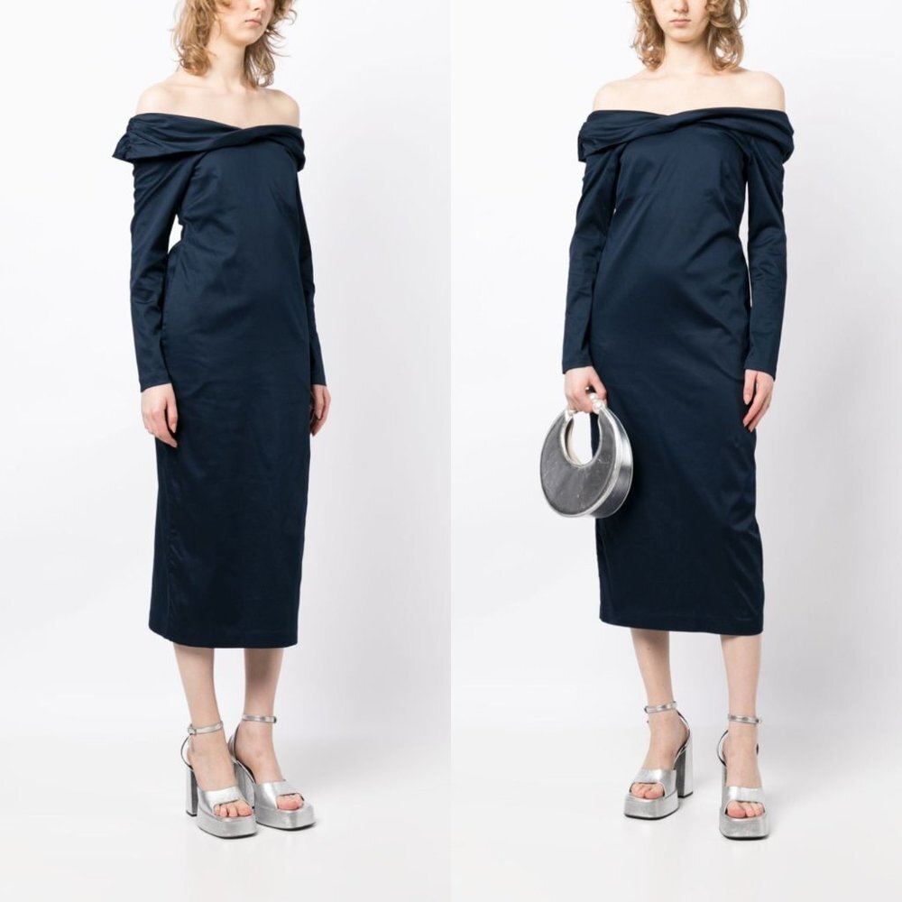 Kika Vargas NEW Off the Shoulder Long Sleeve Formal Midi Dress Navy Blue Size XS